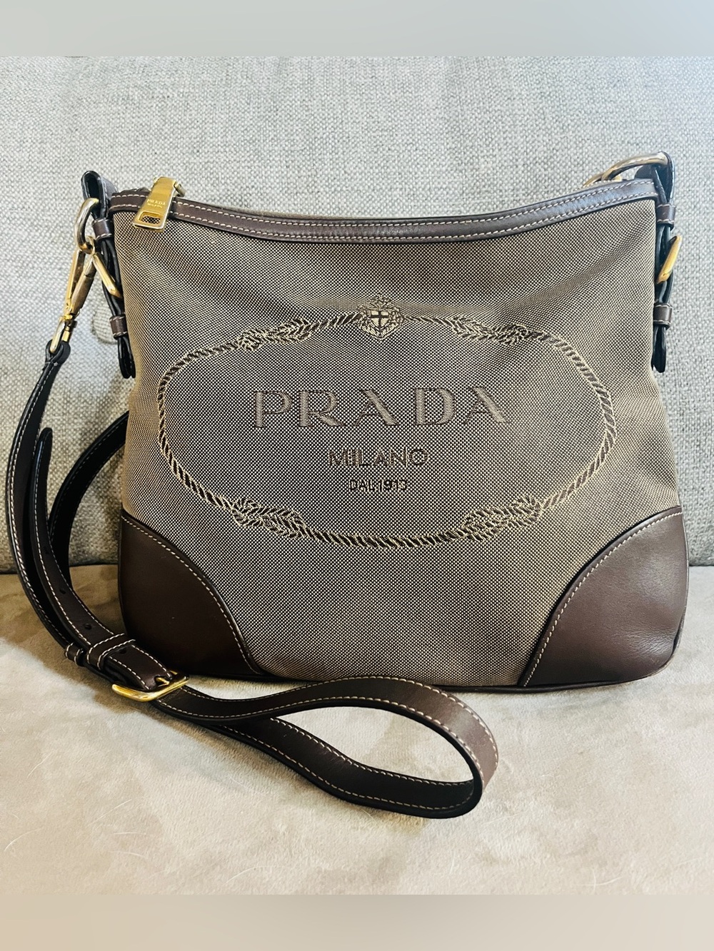 Prada Brown Canvas and Leather Messenger Bag with Gold Hardware